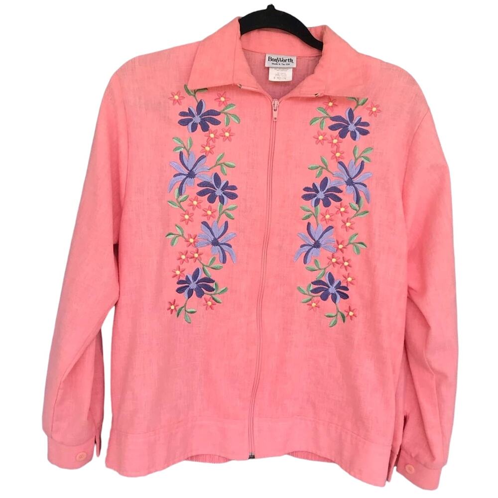 Vintage BonWorth salmon Pink blue flowers Embroidered size petite small